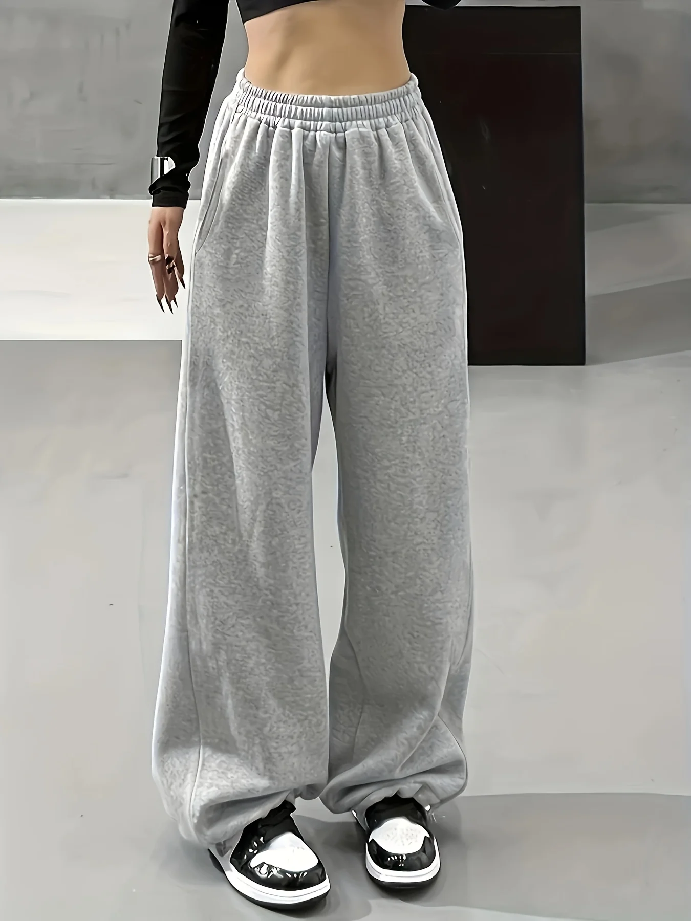Damskie spodnie dresowe plus size szare oversize polar ciepłe Szary