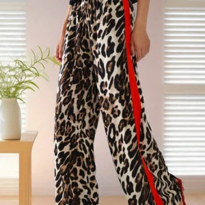Damskie spodnie plus size w panterkę z lampasami Wielo