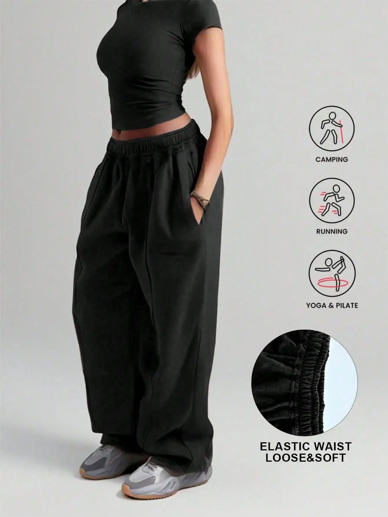 Damskie spodnie sportowe plus size z szerokimi nogawkami Czarny