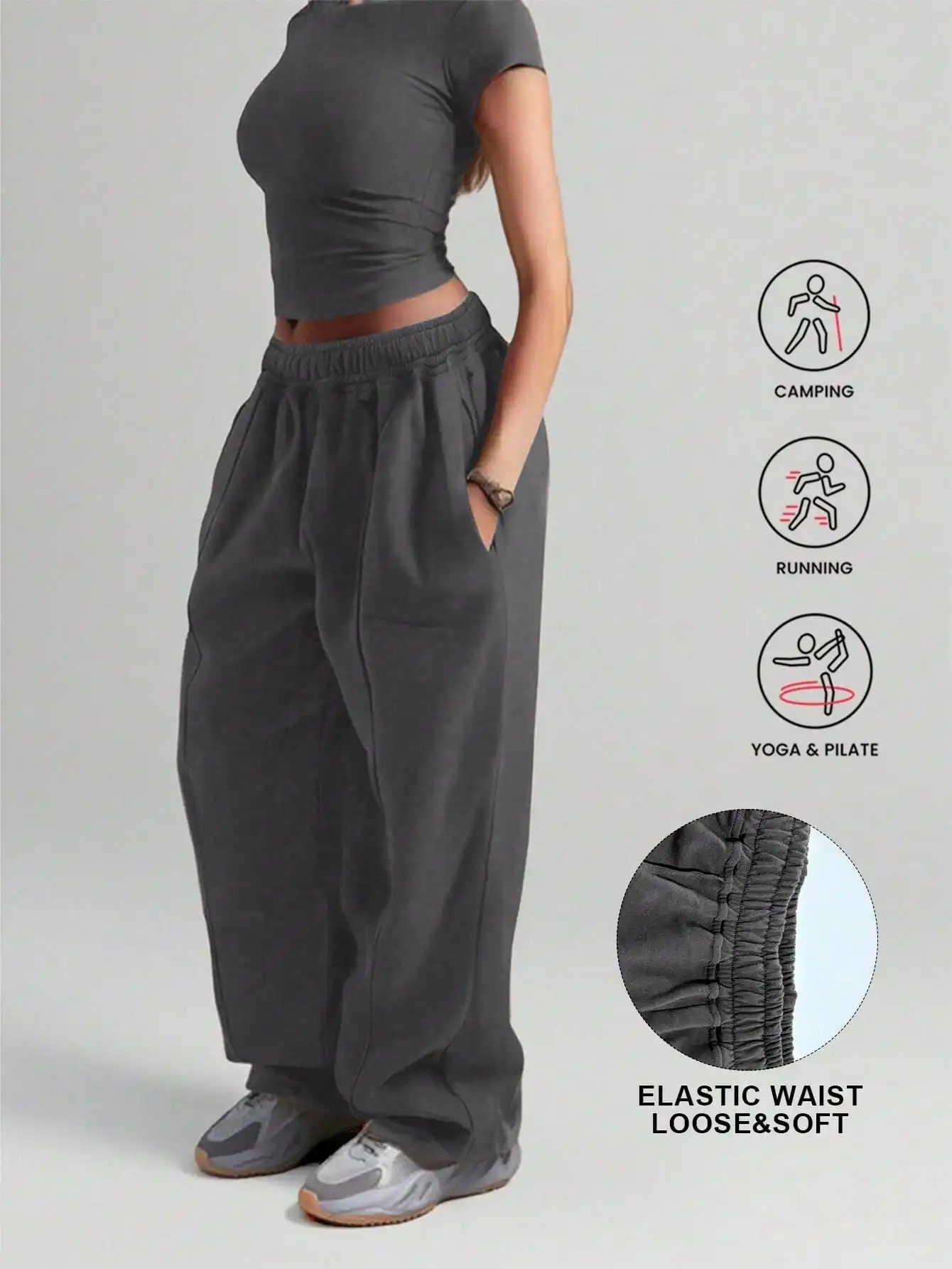 Damskie spodnie sportowe plus size z szerokimi nogawkami Szary