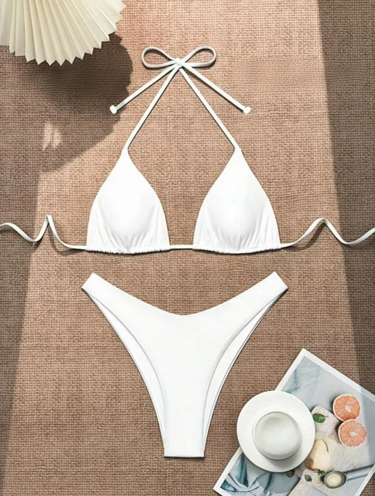 Damskie stringi bikini wiązane na szyi z podwójnej tkaniny Biały