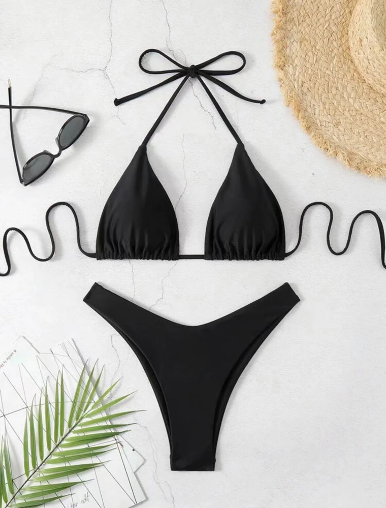 Damskie stringi bikini wiązane na szyi z podwójnej tkaniny Czarny