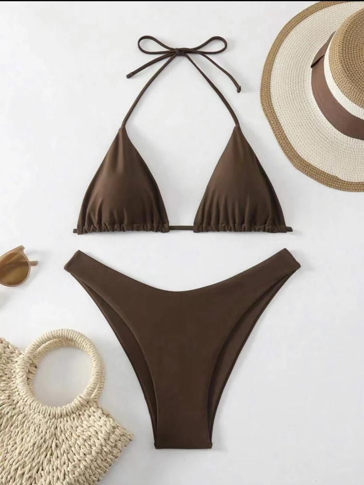 Damskie stringi bikini wiązane na szyi z podwójnej tkaniny Czekolada