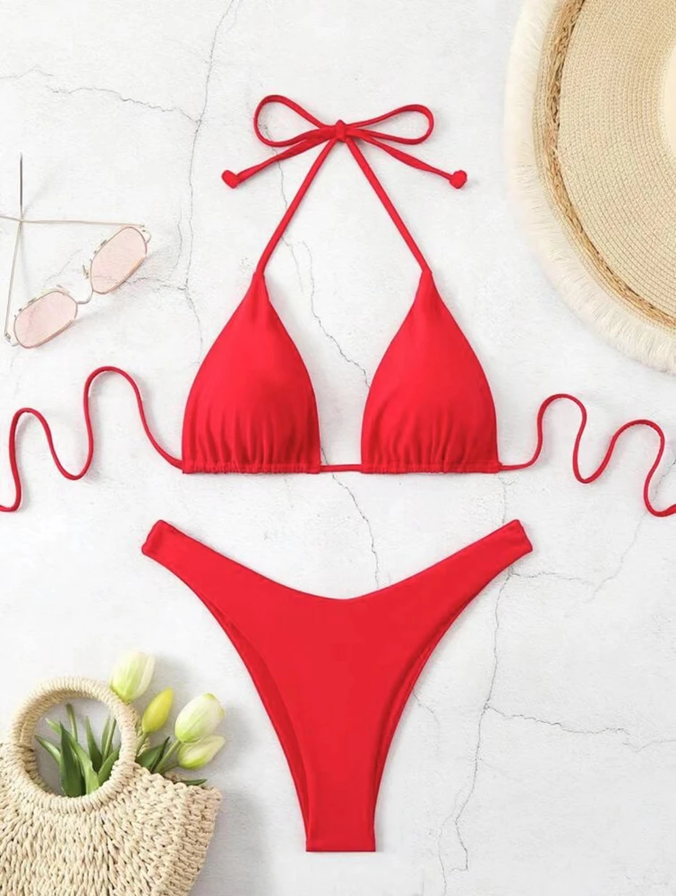 Damskie stringi bikini wiązane na szyi z podwójnej tkaniny Czerwony