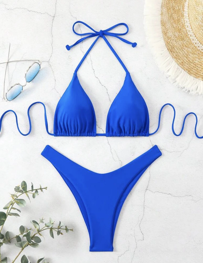 Damskie stringi bikini wiązane na szyi z podwójnej tkaniny Królewski niebieski