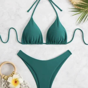Damskie stringi bikini wiązane na szyi z podwójnej tkaniny Malachitowe niebieskie