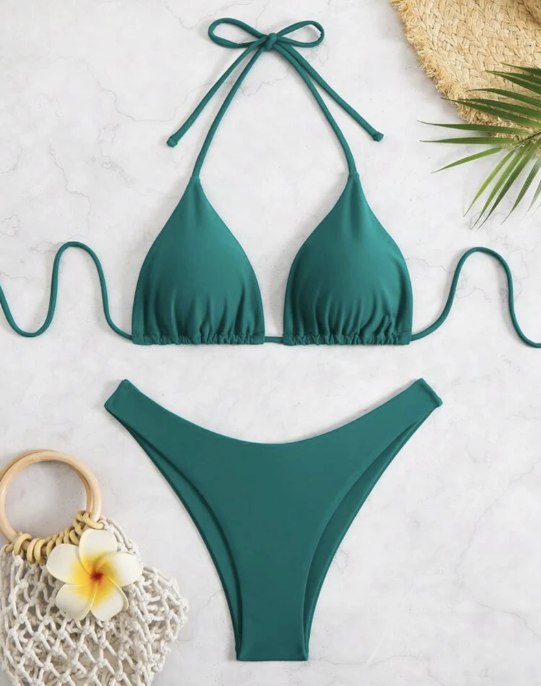 Damskie stringi bikini wiązane na szyi z podwójnej tkaniny Malachitowe niebieskie