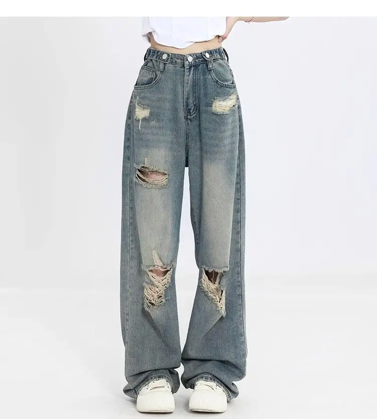Damskie szerokie jeansy baggy z przetarciami Szary
