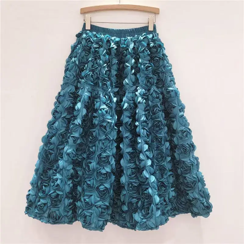 Długa spódnica w kwiaty midi wysokiej talii fason A Beżowy