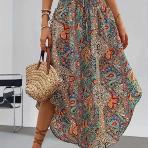 Długa spódnica maxi z wzorem boho na lato Beżowy