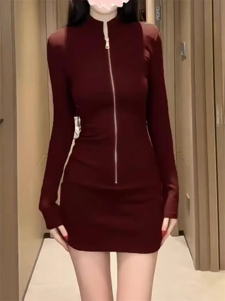 Długa sukienka bodycon z golfem i zamkiem — czarna i burgundowa Burgundia