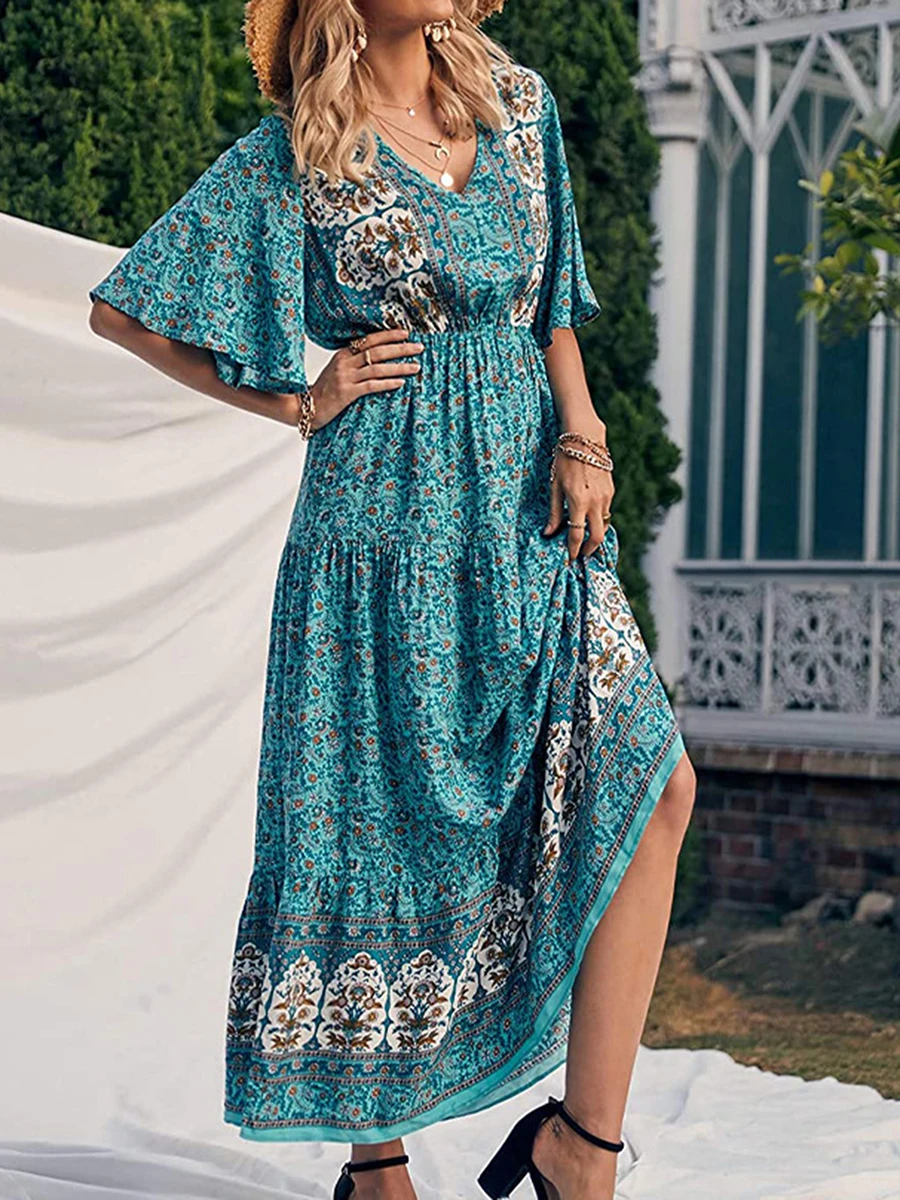 Długa sukienka boho z krótkim rękawem i dekoltem w szpic Zielony
