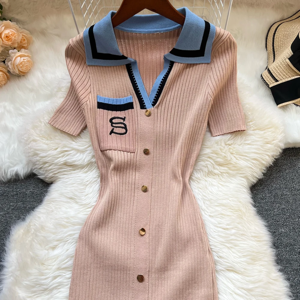 Długa sukienka dzianinowa bodycon Y2K z haftowanym wzorem Khaki