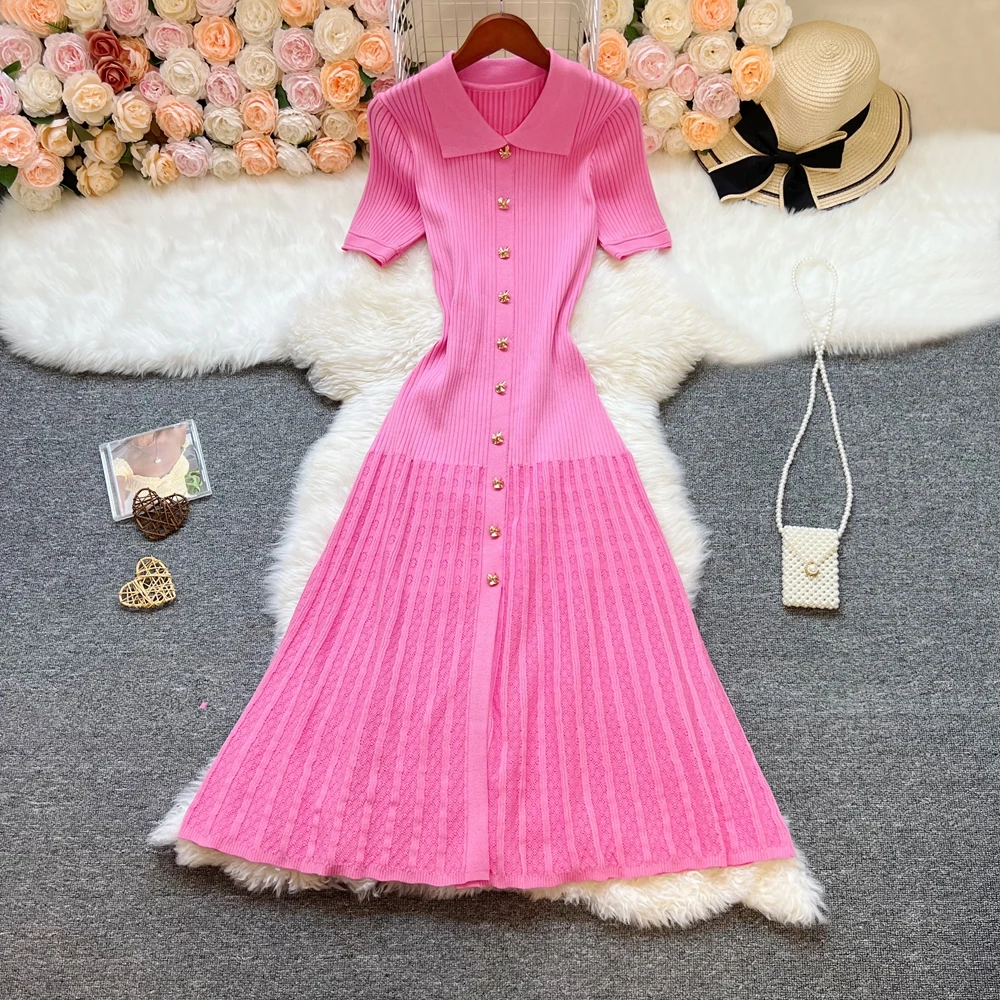 Długa sukienka dzianinowa patchwork elegancka na przyjęcia Różowy