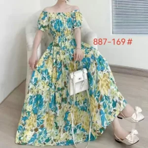 Długa sukienka maxi kwiatowa vintage slim koreańska Armijna zieleń