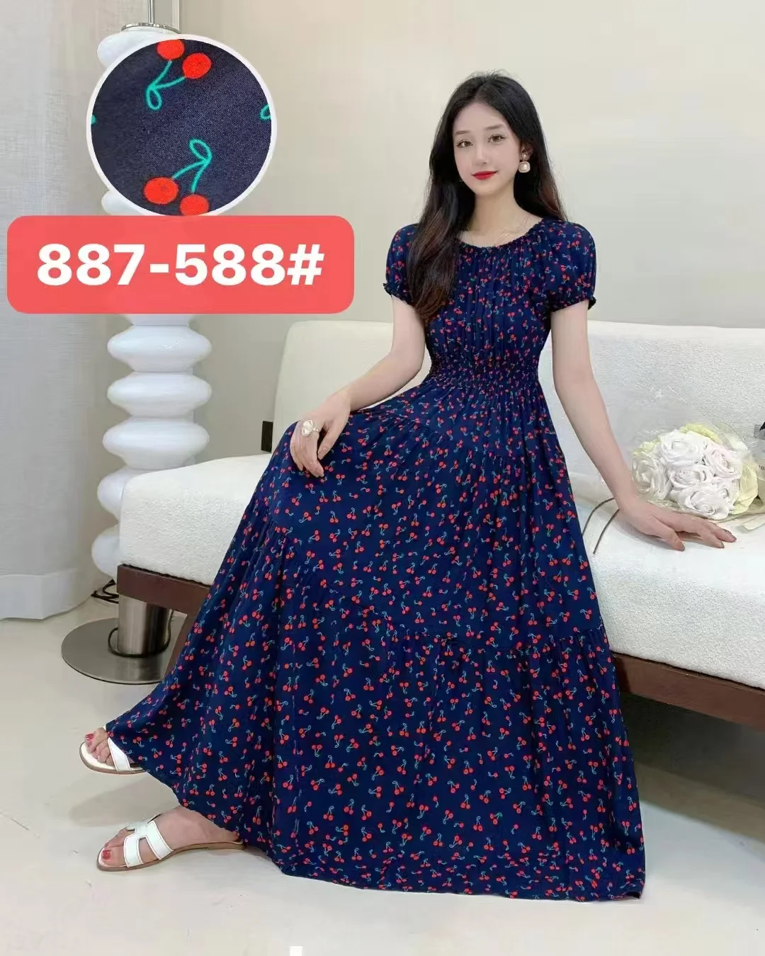 Długa sukienka maxi kwiatowa vintage slim koreańska Niebieski