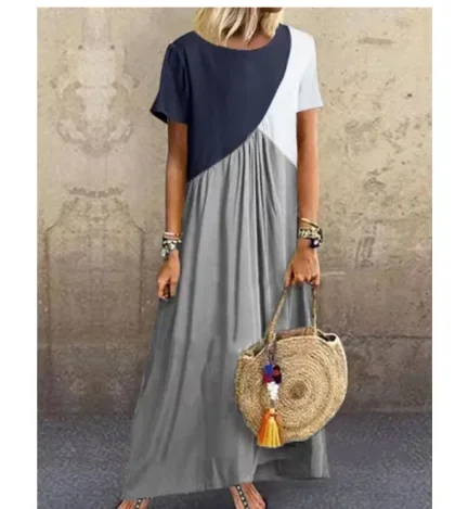 Długa sukienka maxi plus size z krótkim rękawem na plażę Beżowy