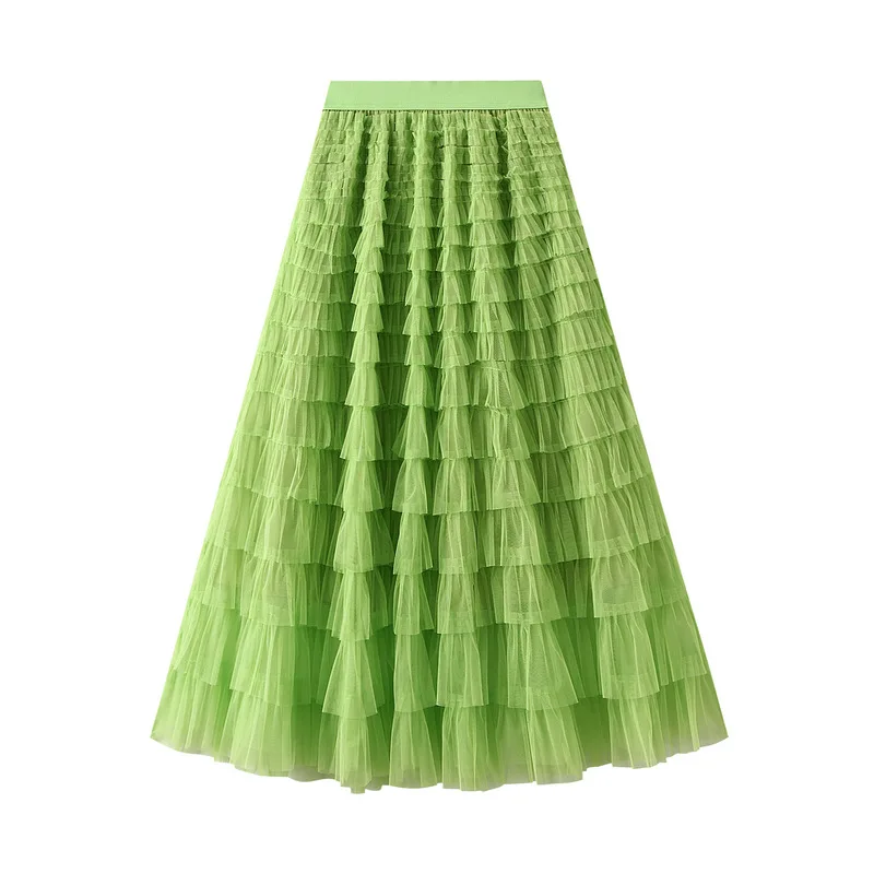 Długa tiulowa spódnica damska – marszczona elegancka tutu Zielony fluorescencyjny
