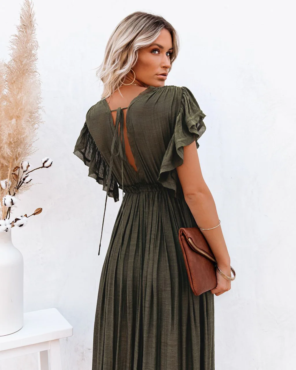 Długa tunika plażowa kimono z wiązaniem przy szyi – cover-up boho Armijna zieleń