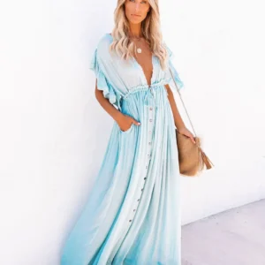 Długa tunika plażowa kimono z wiązaniem przy szyi – cover-up boho Błękitny