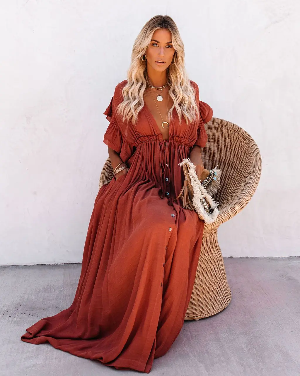 Długa tunika plażowa kimono z wiązaniem przy szyi – cover-up boho Brązowy