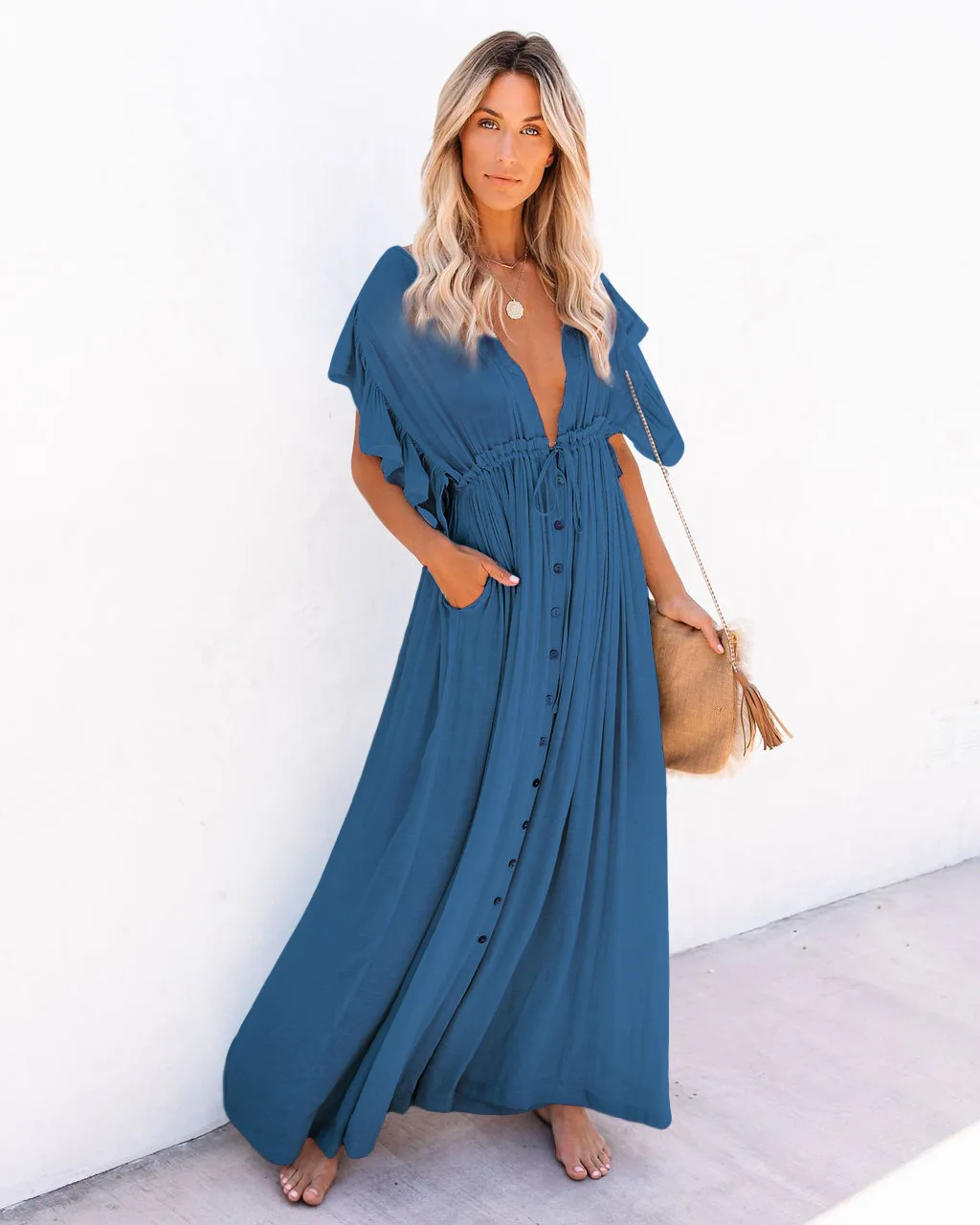 Długa tunika plażowa kimono z wiązaniem przy szyi – cover-up boho Jasny zielony