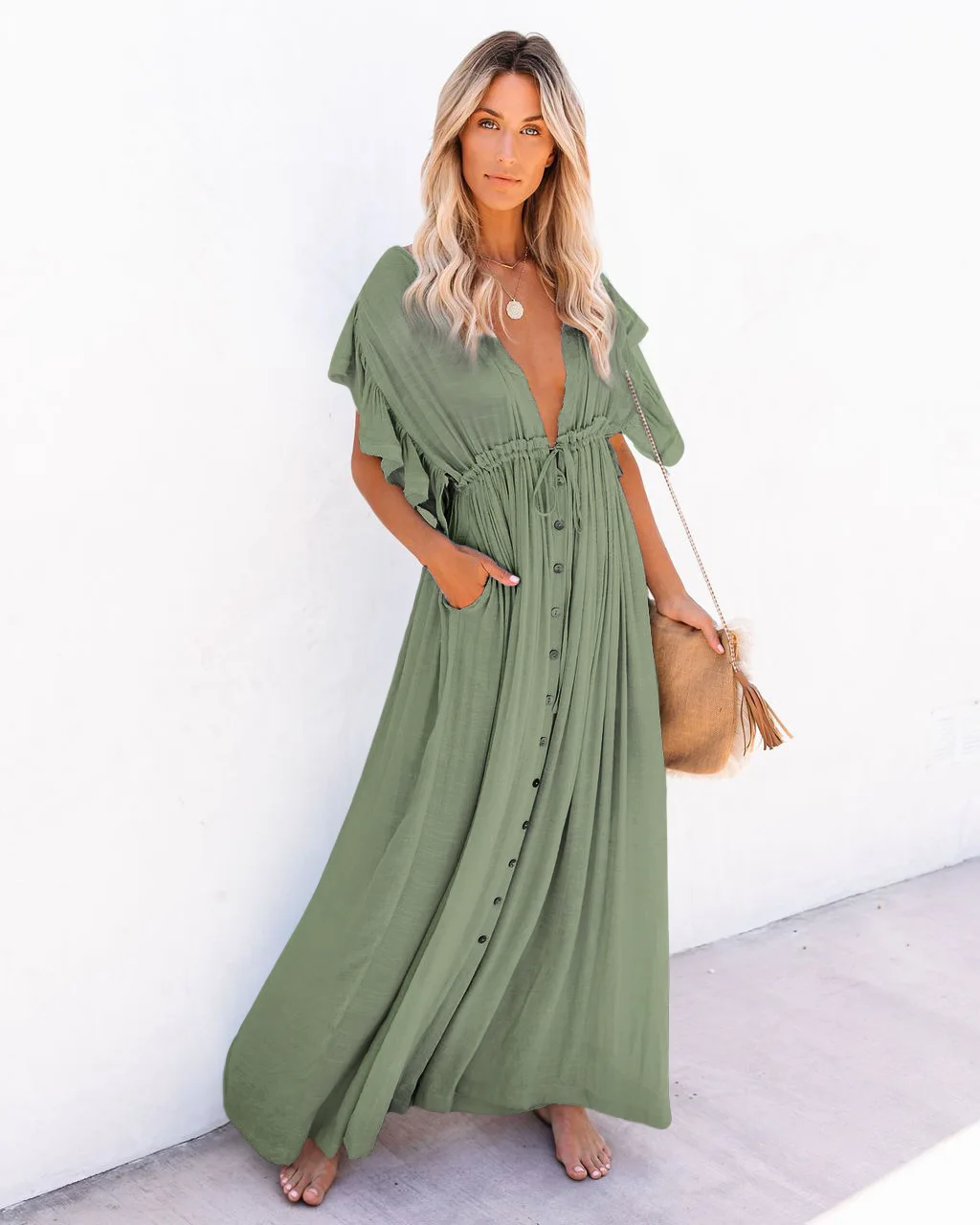 Długa tunika plażowa kimono z wiązaniem przy szyi – cover-up boho Niebieski
