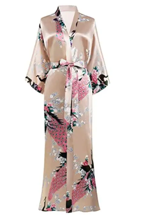 Długi szlafrok kimono damski z kieszenią – rayon, rozmiary S–4XL Beżowy