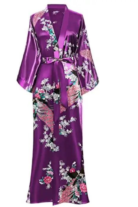 Długi szlafrok kimono damski z kieszenią – rayon, rozmiary S–4XL Błękitny
