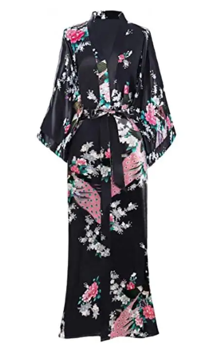 Długi szlafrok kimono damski z kieszenią – rayon, rozmiary S–4XL Czarny