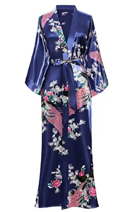 Długi szlafrok kimono damski z kieszenią – rayon, rozmiary S–4XL Niebieski