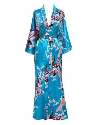 Długi szlafrok kimono z motywem pawia plus size Brązowy