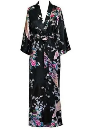 Długi szlafrok kimono z motywem pawia plus size Niebieski