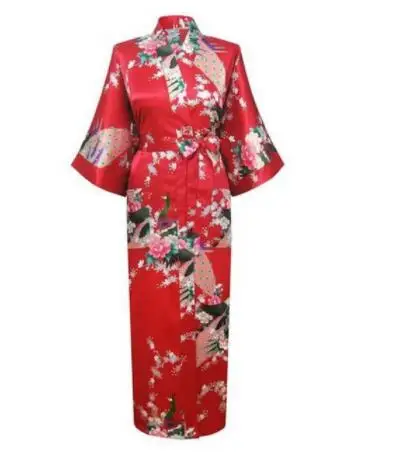 Długi szlafrok kimono z motywem pawia plus size Różowy