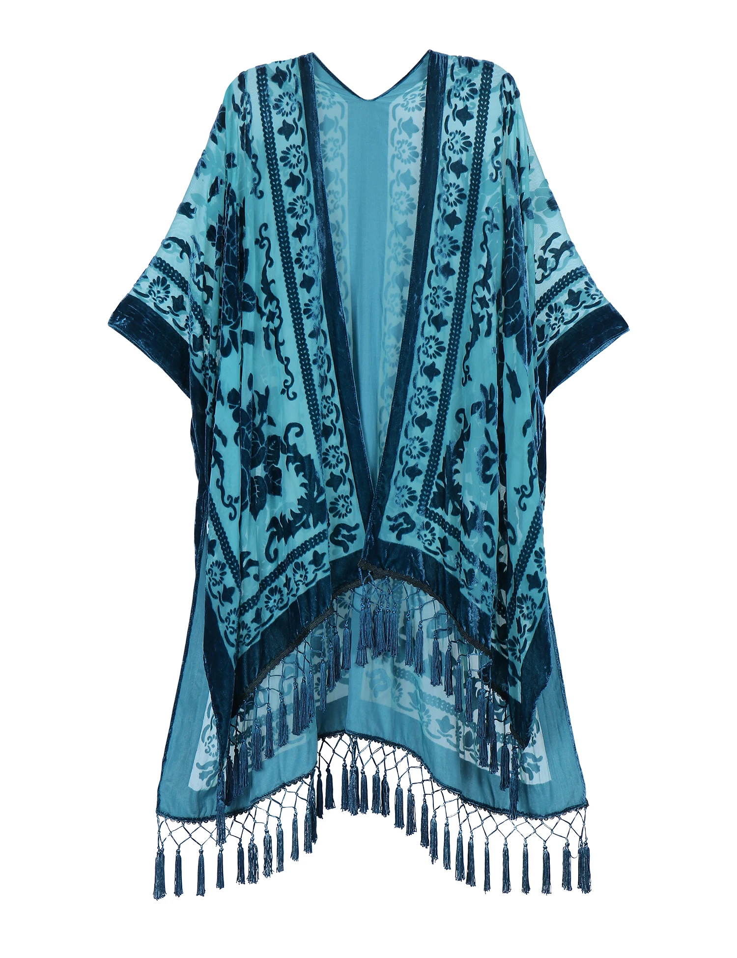 Długie kimono plażowe z frędzlami i szyfonem Jypf 51