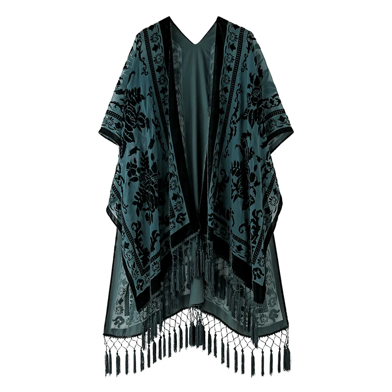 Długie kimono plażowe z frędzlami i szyfonem Jypf 7