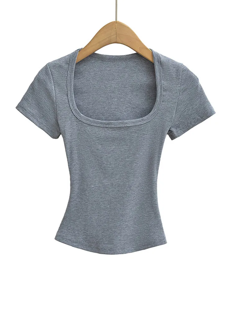 Dopasowana bluzka crop top z kwadratowym dekoltem — seksowna klasyka na lato Szary