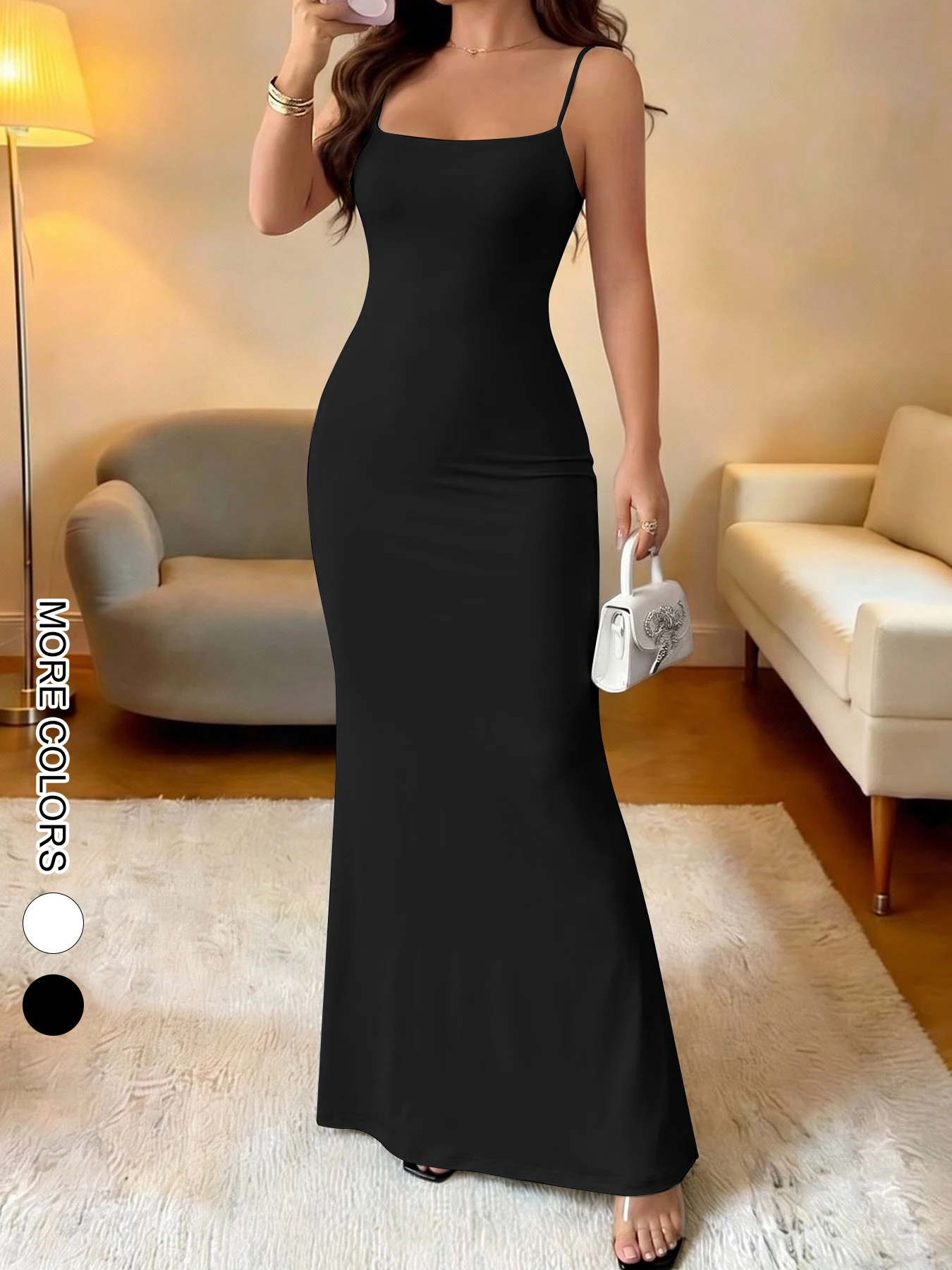 Dopasowana sukienka bodycon maxi na ramiączkach do kostek Czarny