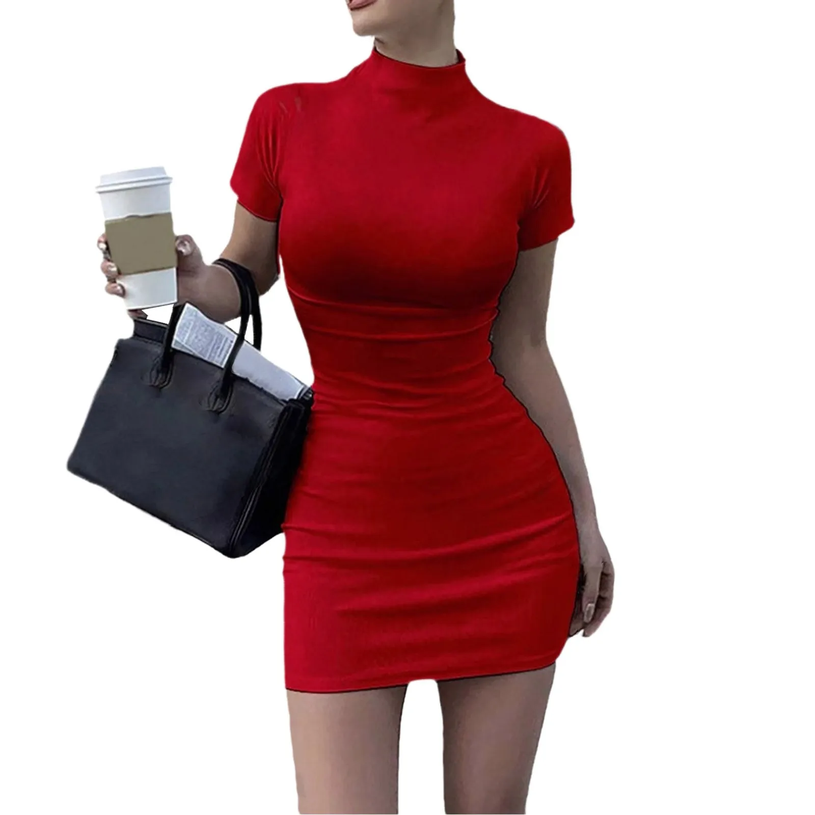 Dopasowana sukienka bodycon z półgolfem i krótkim rękawem Czerwony