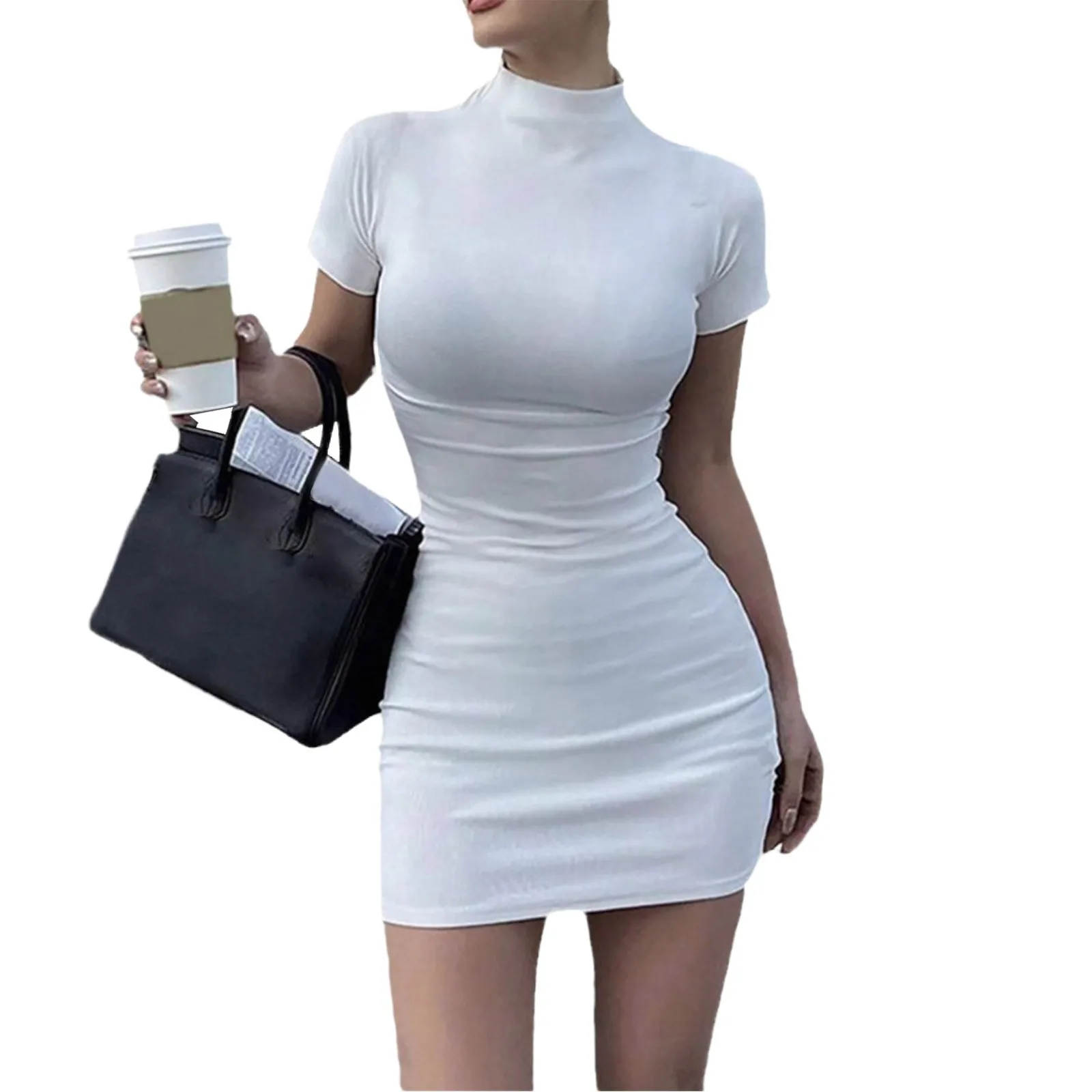 Dopasowana sukienka bodycon z półgolfem i krótkim rękawem Biały