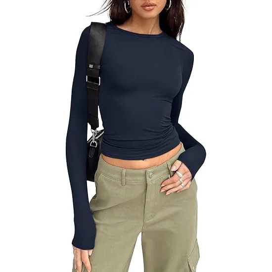 Dopasowany crop top z długim rękawem i okrągłym dekoltem Niebieski