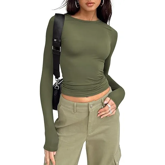 Dopasowany crop top z długim rękawem i okrągłym dekoltem Zielony