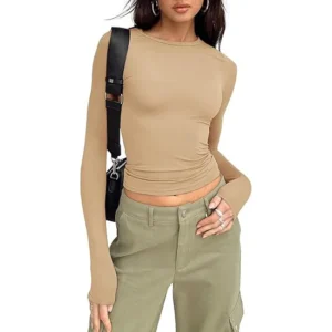 Dopasowany crop top z długim rękawem i okrągłym dekoltem Khaki