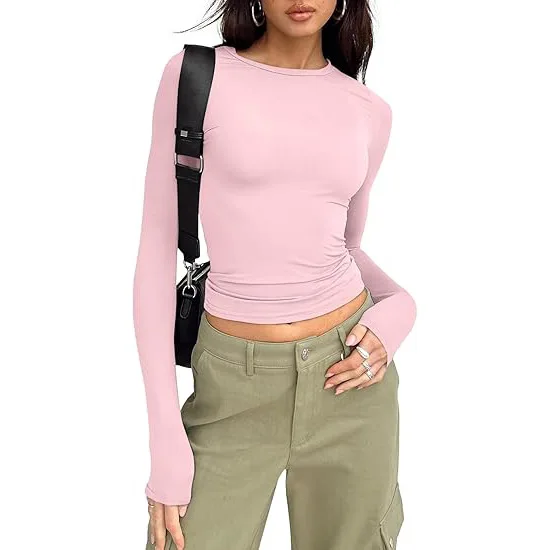 Dopasowany crop top z długim rękawem i okrągłym dekoltem Różowy