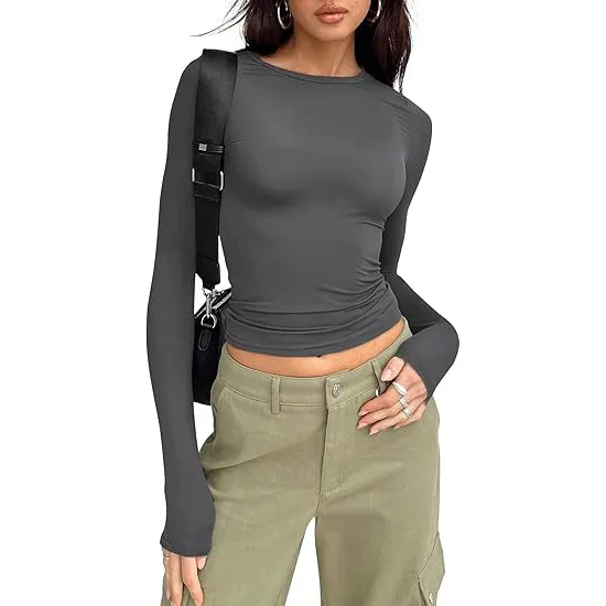 Dopasowany crop top z długim rękawem i okrągłym dekoltem Szary