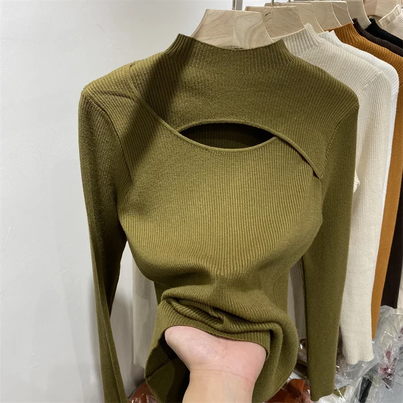 Dopasowany sweter damski dzianinowy z długim rękawem, casualowy Beżowy
