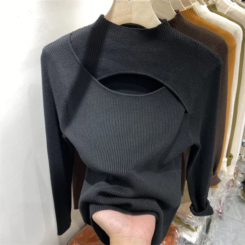 Dopasowany sweter damski dzianinowy z długim rękawem, casualowy Błękitny