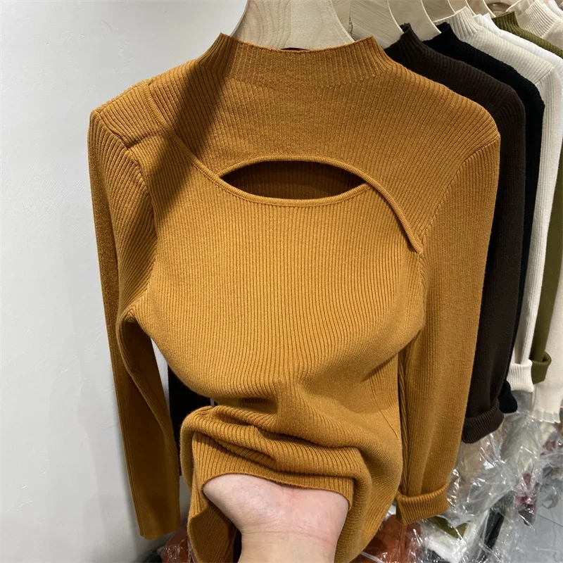 Dopasowany sweter damski dzianinowy z długim rękawem, casualowy Ciemnoszary