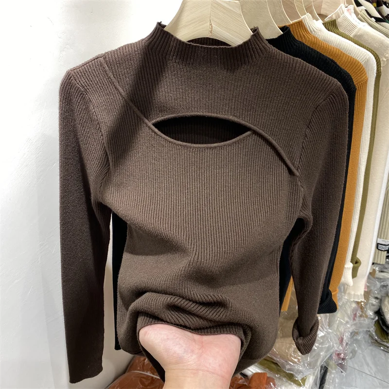 Dopasowany sweter damski dzianinowy z długim rękawem, casualowy Ciemny brąz