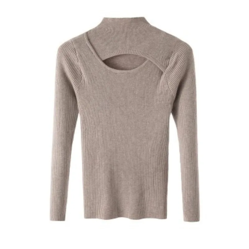 Dopasowany sweter damski dzianinowy z długim rękawem, casualowy Khaki